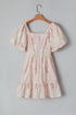 Charming Southern Belle Floral Puff Sleeve Knotted Open Back Ruffled Mini Dress